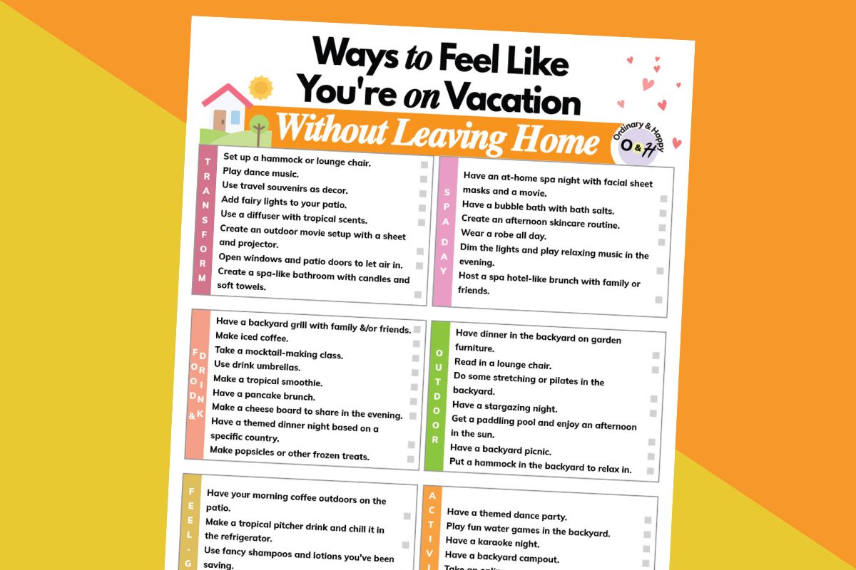 Ways to feel like you're on vacation image on a yellow-orange background.