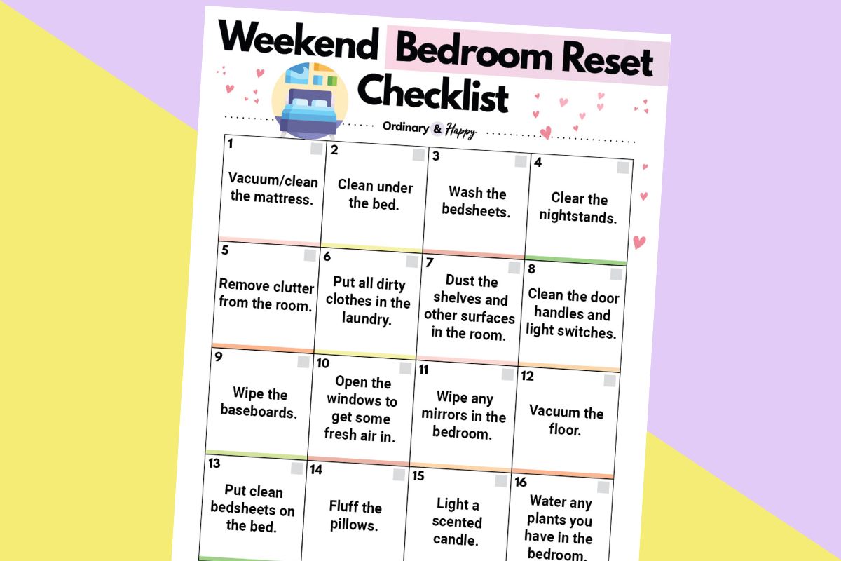 weekend bedroom reset checklist with a grid on ideas on a lilac and yellow 2-color background