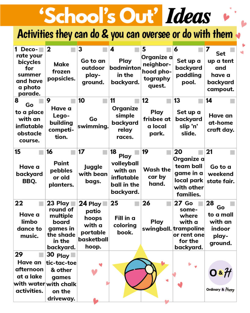 school's out bucket list consisting of 30 ideas in a 7x5 calendar grid