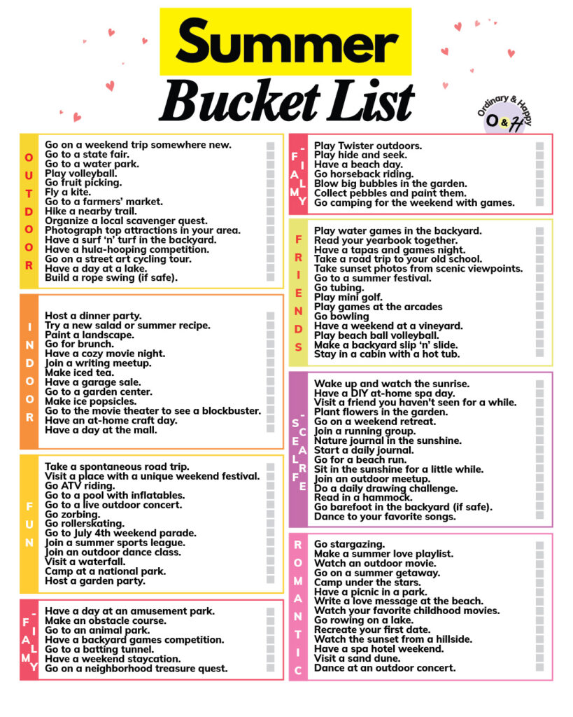 summer bucket list 2026 containing nearly 100 ideas in color-coded sections of up to 10 ideas in listicle format