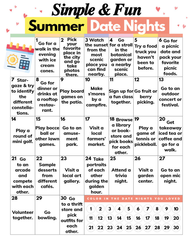 30 days of summer date night ideas in a calendar grid format.