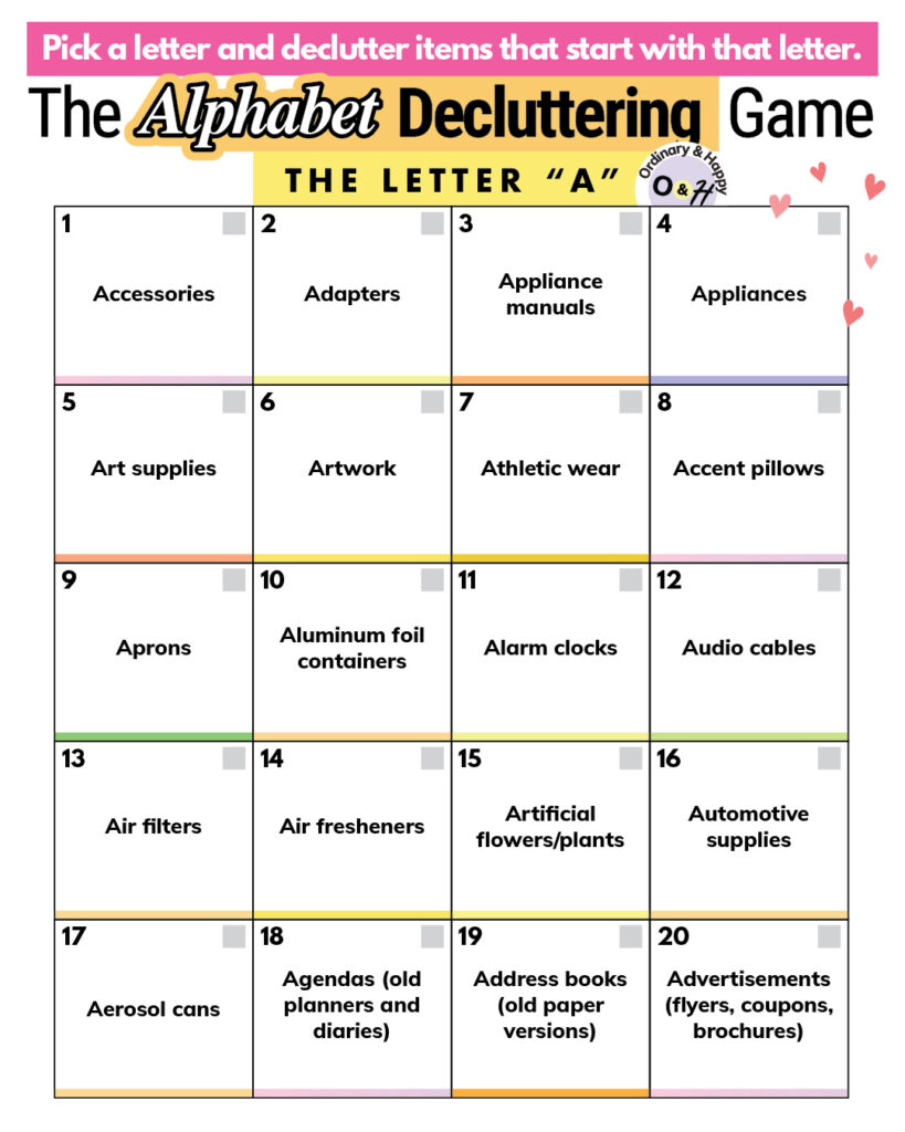 Alphabet decluttering list for the letter A.