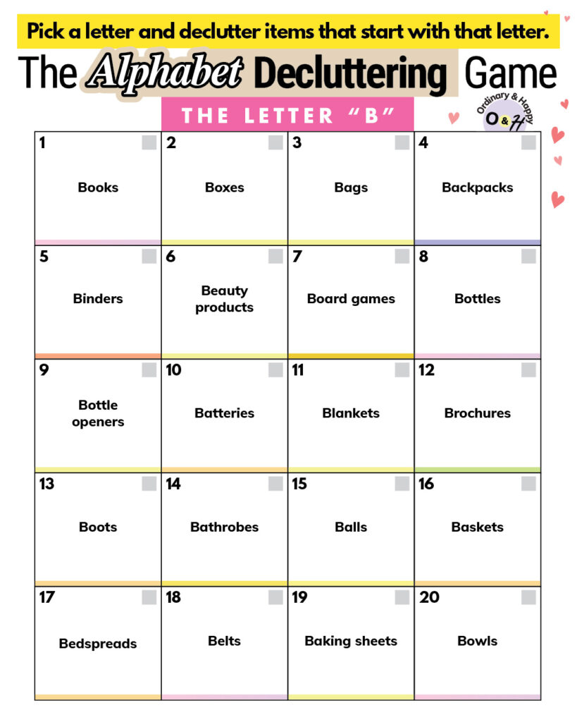 Alphabet decluttering list for the letter B.