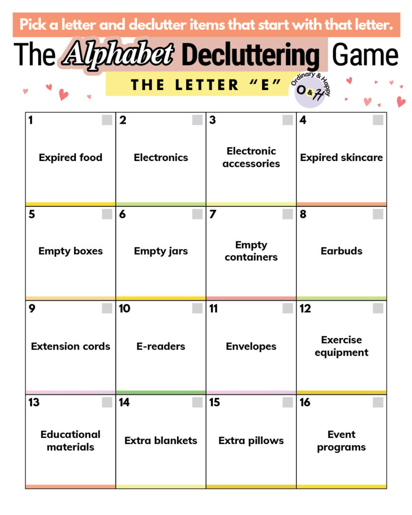 Alphabet decluttering list of items starting with E.
