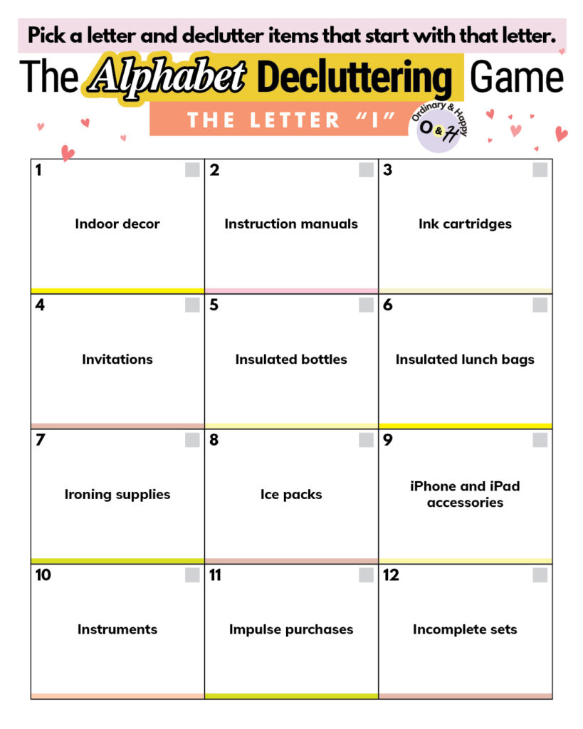 alphabet decluttering letter I.