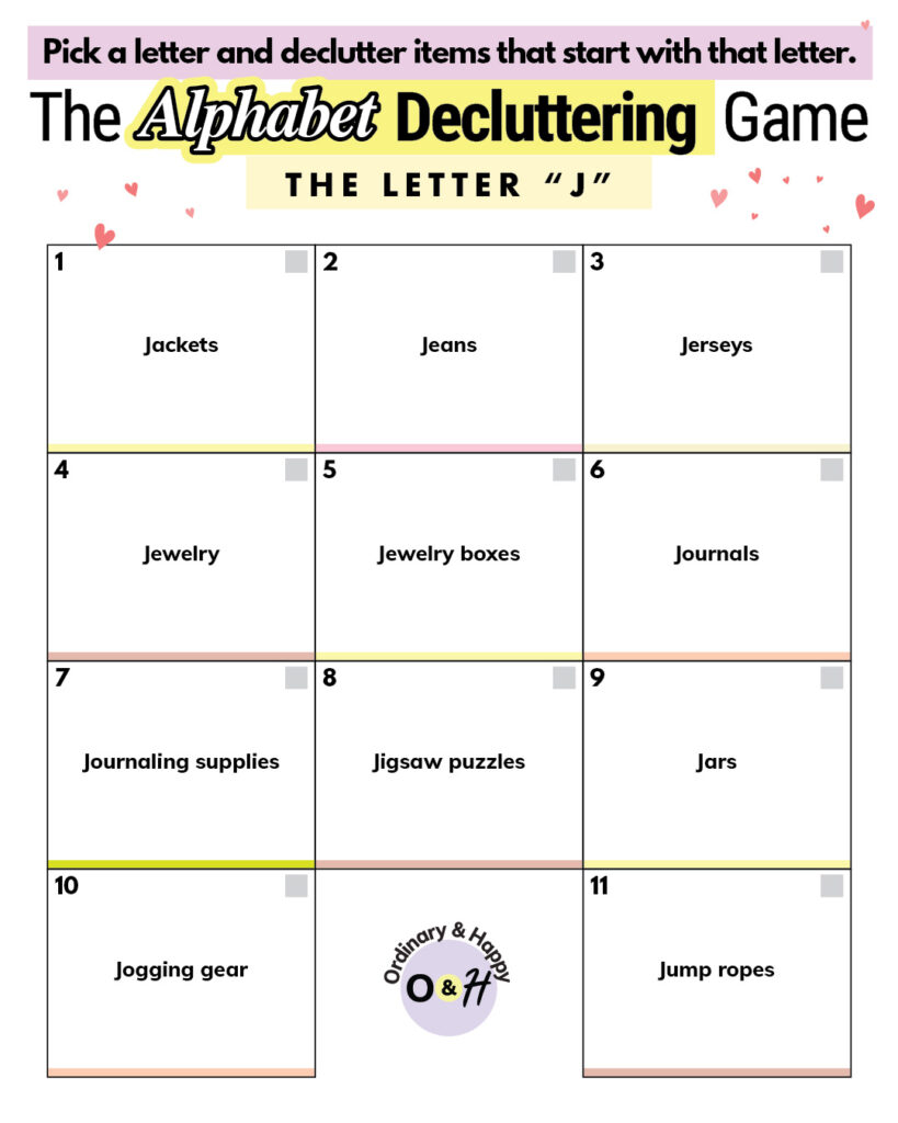Alphabet decluttering letter J.
