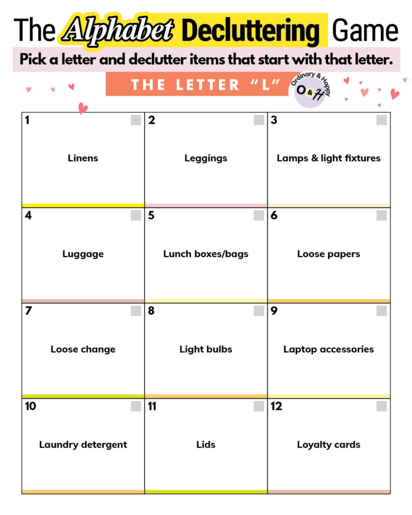 Alphabet decluttering items starting with 'L'