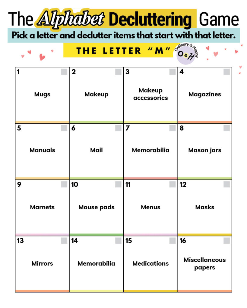 Alphabet decluttering letter M.