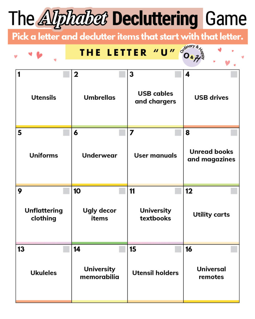 Alphabet decluttering - items starting with the letter 'U'
