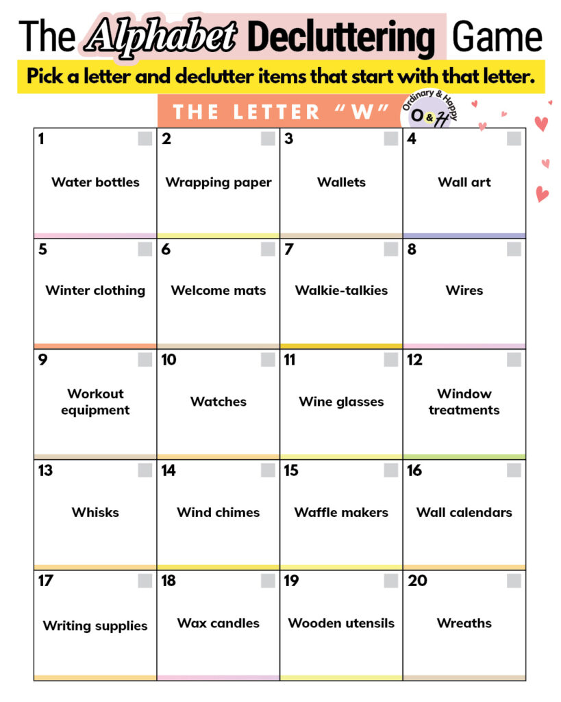 Alphabet decluttering list of items that start with W.