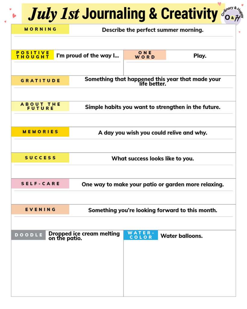 july 1st journaling and creativity worksheet with color-coded prompts and spaces to fill your answers in