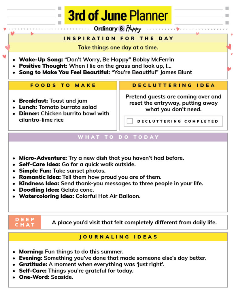 june 3rd daily planner with lists of ideas in color-coded sections for daily areas of life