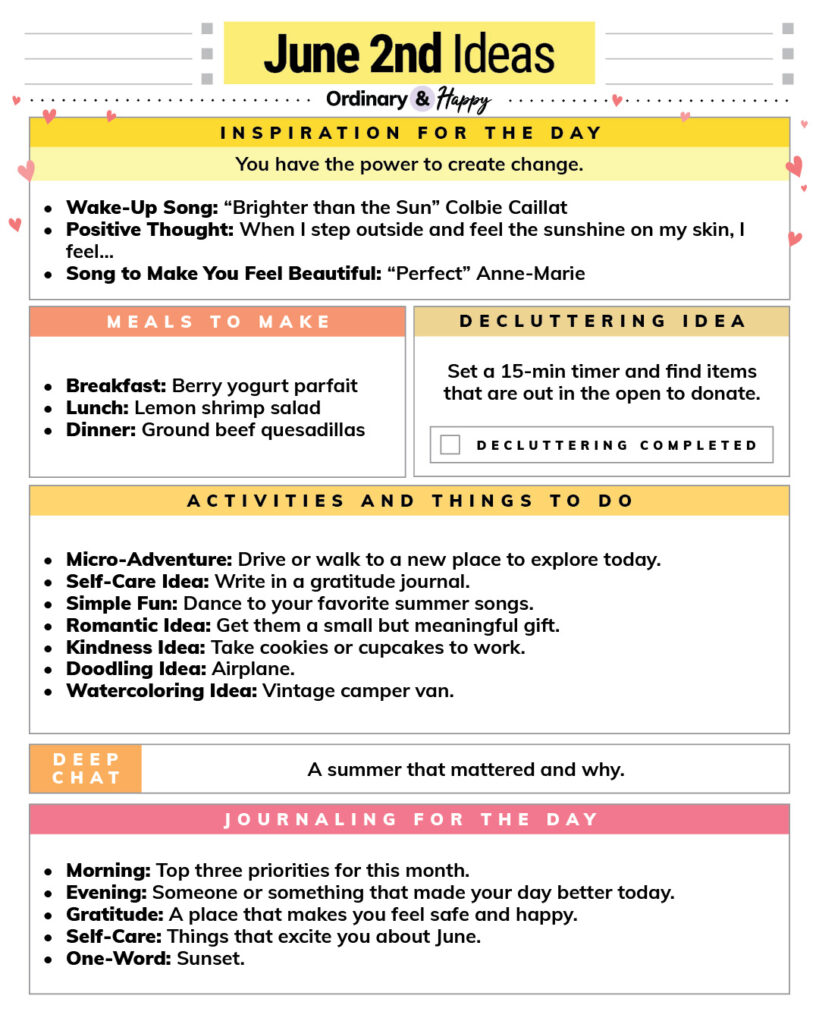 june 2nd daily planner with ideas in color-coded sections for inspiration, meals, decluttering, activities, deep talk, and journaling
