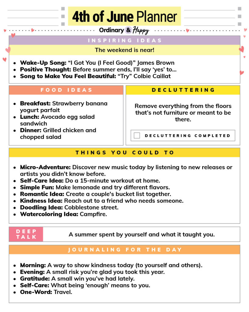 4th of june daily planner with color-coded sections and lists of ideas for daily life