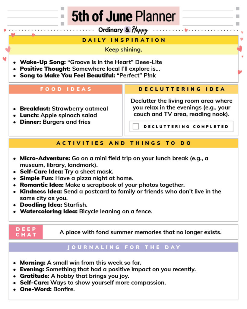 june 5th daily planner consisting of color-coded boxes with lists of ideas for areas of daily life