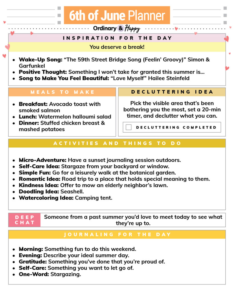 june 6th daily planner with color-coded sections containing lists of ideas for areas of daily life