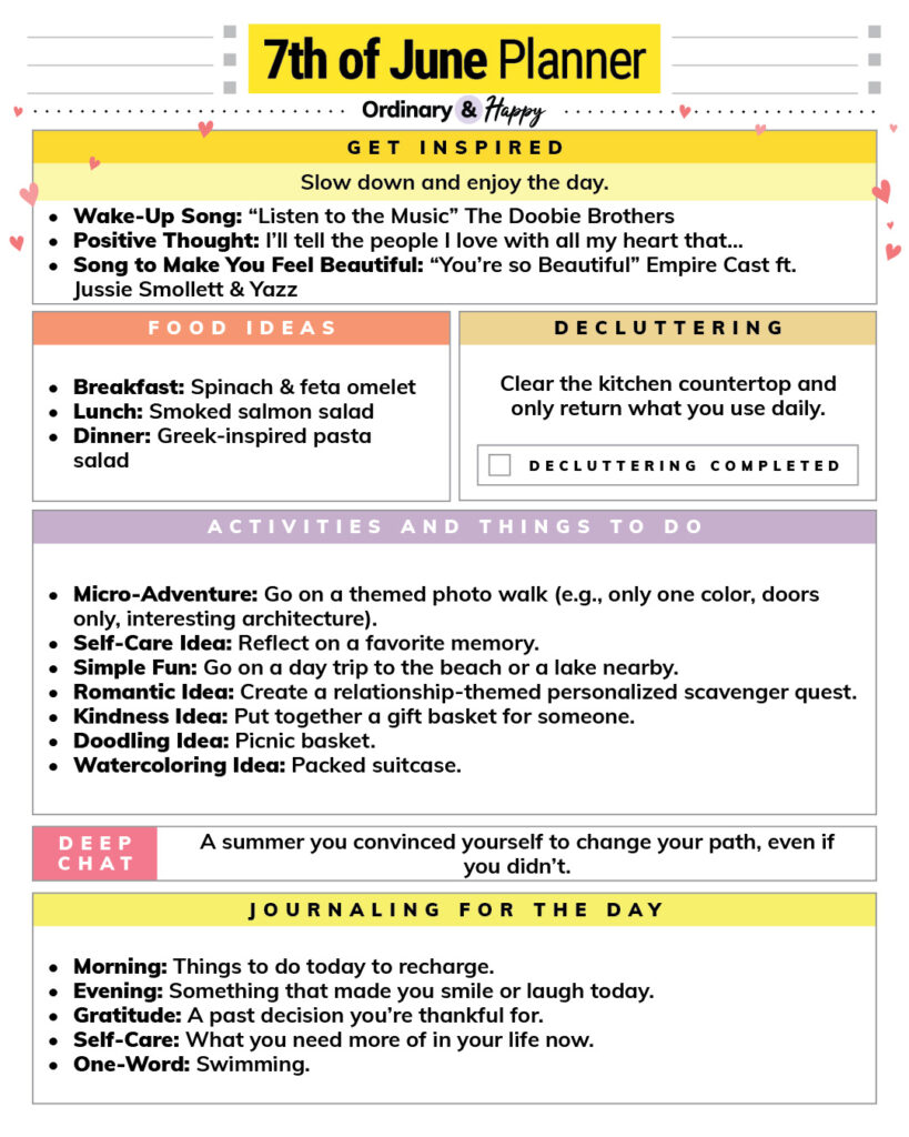 june 7th daily planner with lists of ideas for different areas of the day in color-coded headed sections