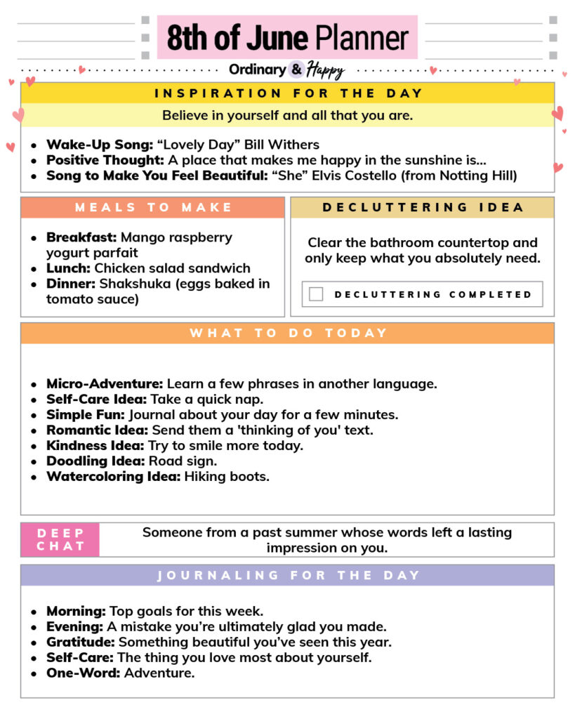 june 8th daily planner printable with lists of ideas in different sections