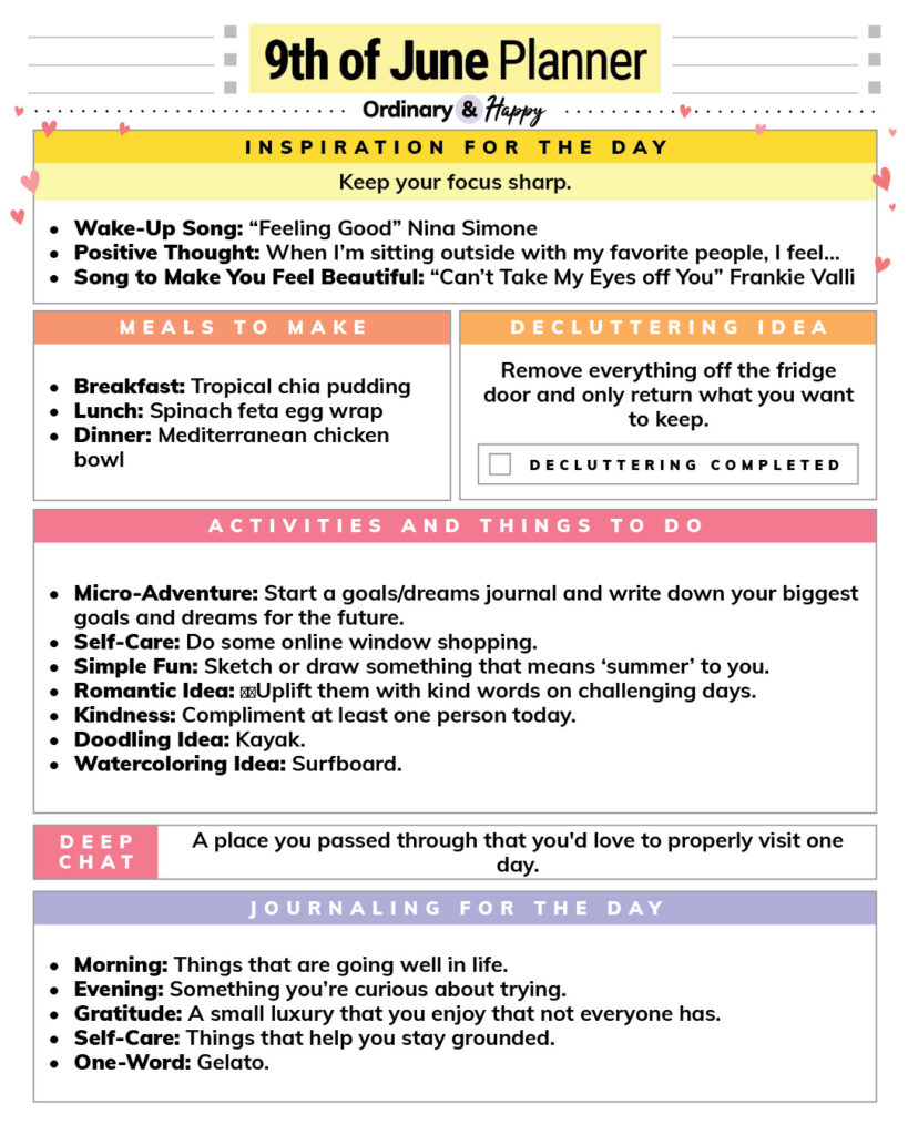 june 9th daily planner printable containing listed ideas for inspiration, journaling, activities, meals, decluttering, and conversation