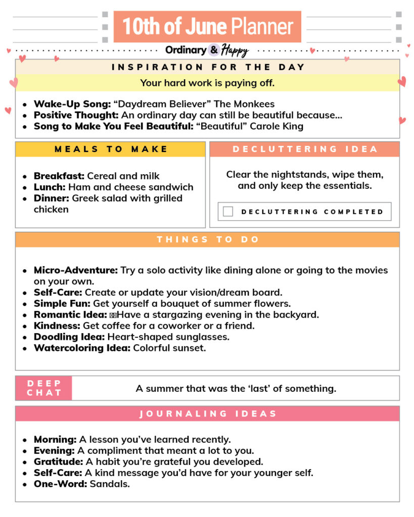 june 10th daily planner printable with color-coded rectangular sections and lists of ideas for different areas of daily life