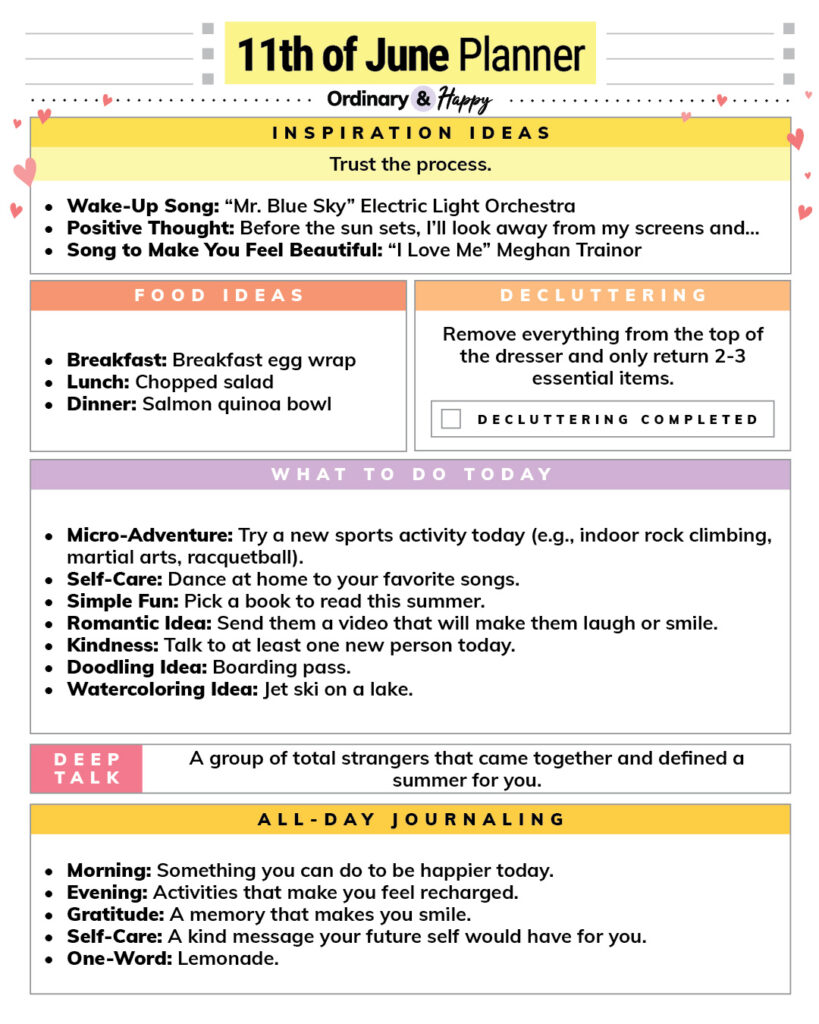 june 11th daily planner with lists of ideas for the day in different color-coded sections
