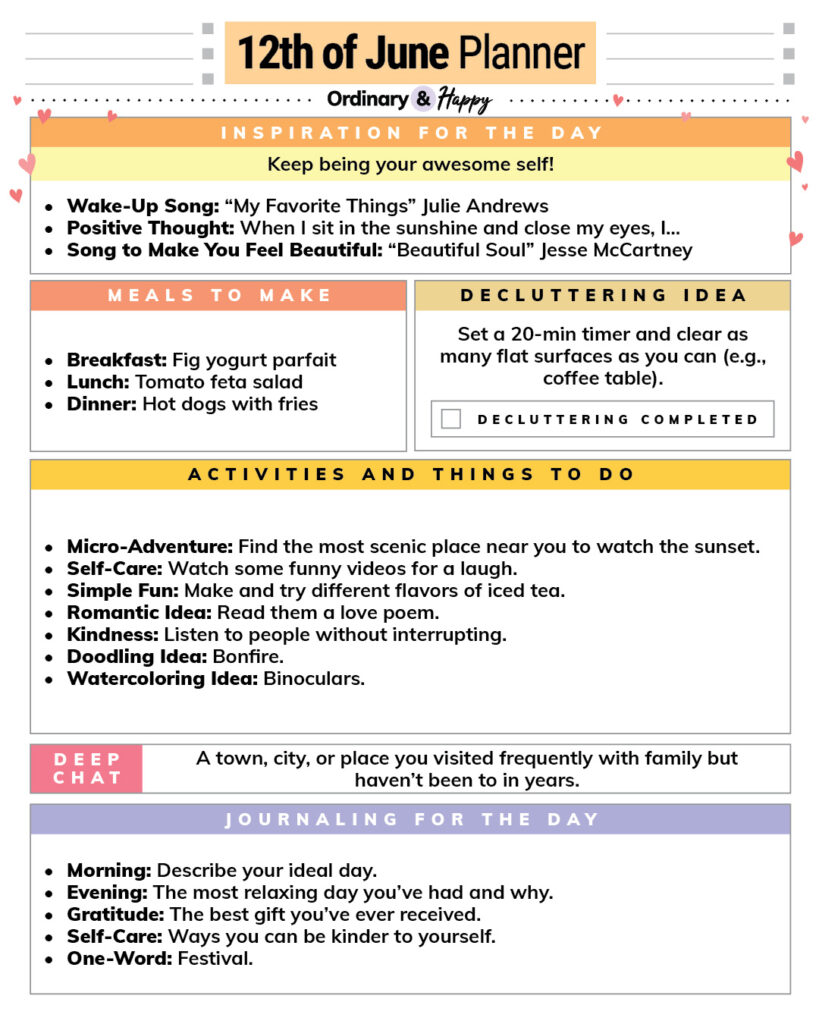 june 12th daily planner with ideas in color-coded boxes for inspiration, food, decluttering, activities, conversation, and journaling