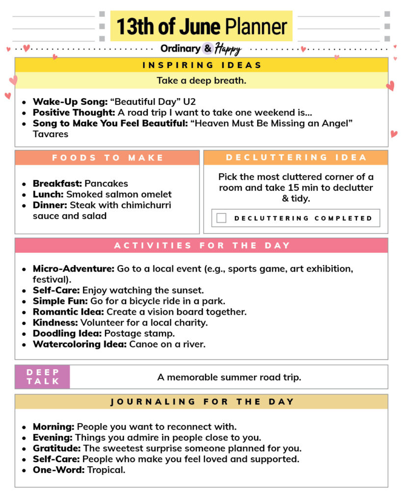 june 13th daily planner printable with listed ideas for different areas of daily life