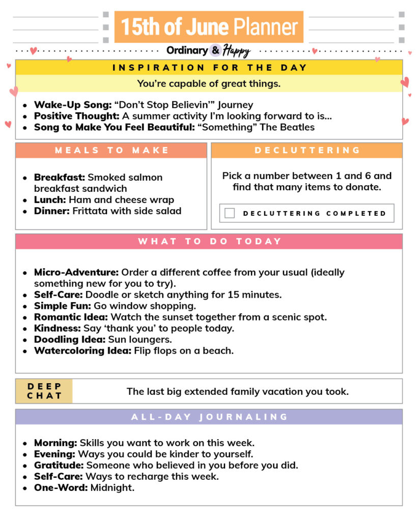 june 15th daily planner with color-coded sections containing lists of ideas for the day