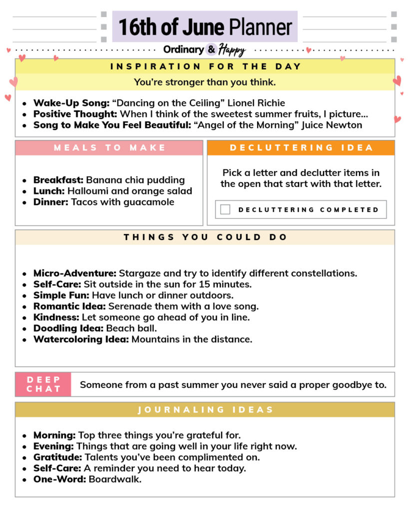 daily planner for june 16th with color-coded boxes containing ideas for different areas of daily life