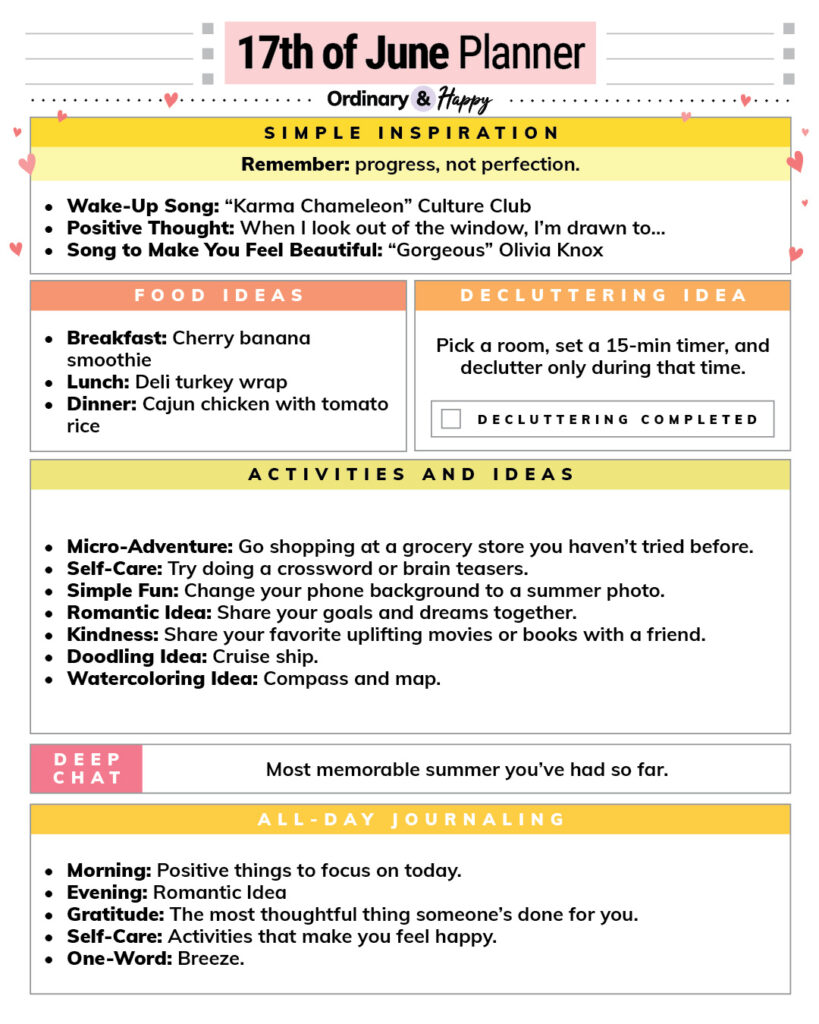 june 17th daily planner with lists of ideas for inspiration, deep talk, decluttering, meals, activities, and coloring in color-coded boxes