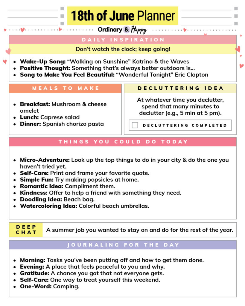 june 18th daily planner with color-coded sections containing lists for different areas of daily life