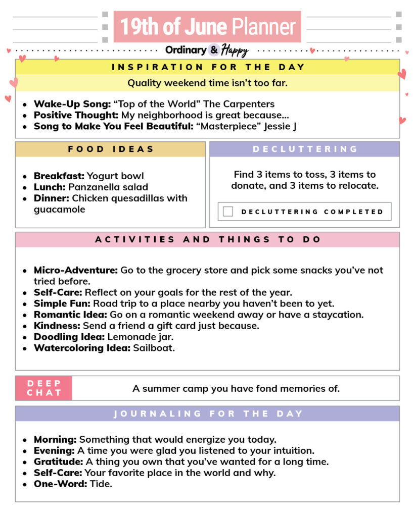june 19th printable planner with color-coded sections containing lists of ideas for different areas of daily life
