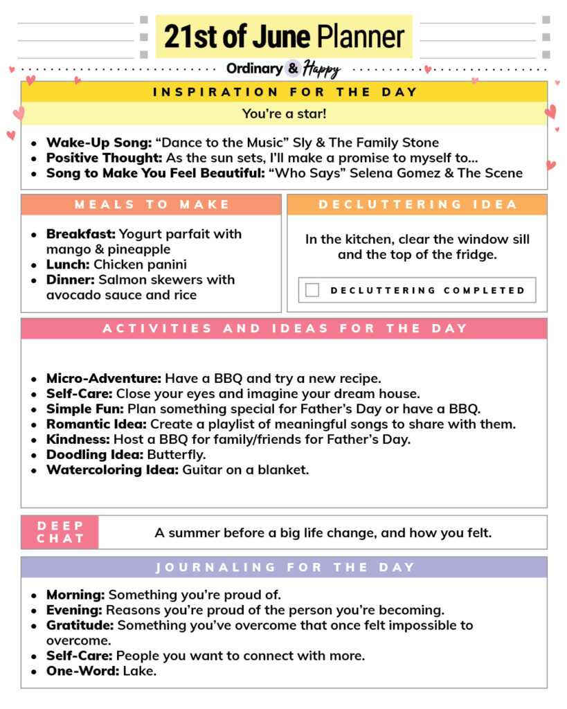 june 21st daily planner printable with color-coded sections containing lists of ideas