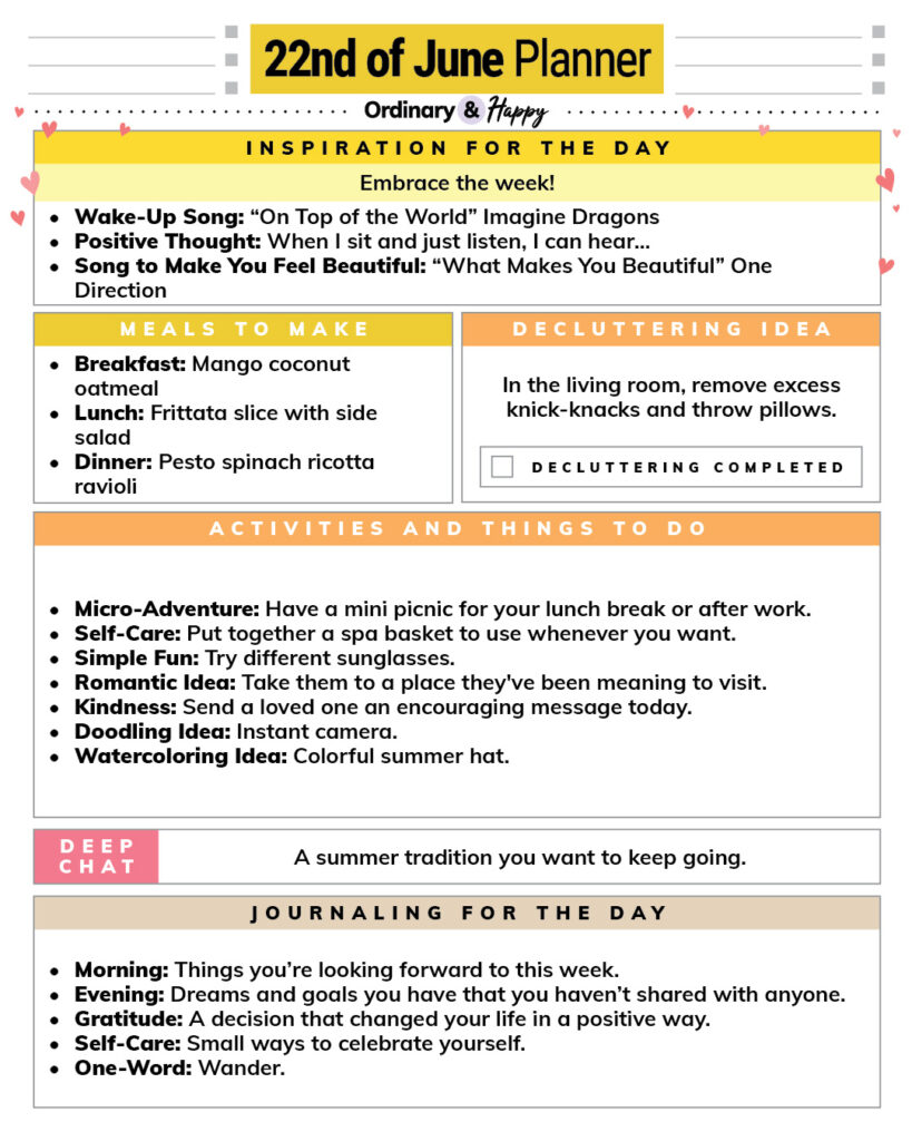june 22nd daily planner printable with color-coded sections and different ideas for lots of areas of daily life