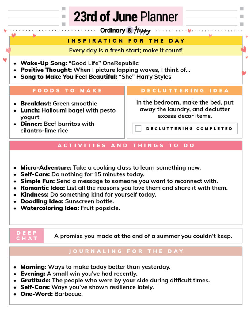 june 23rd daily planner with color-coded sections containing ideas for things to do for the day