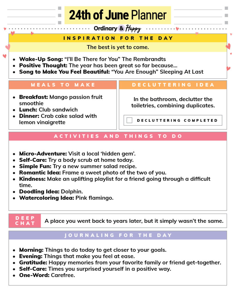 june 24th daily planner printable with ideas for inspiration, decluttering, meals, activities, deep talk, and journaling