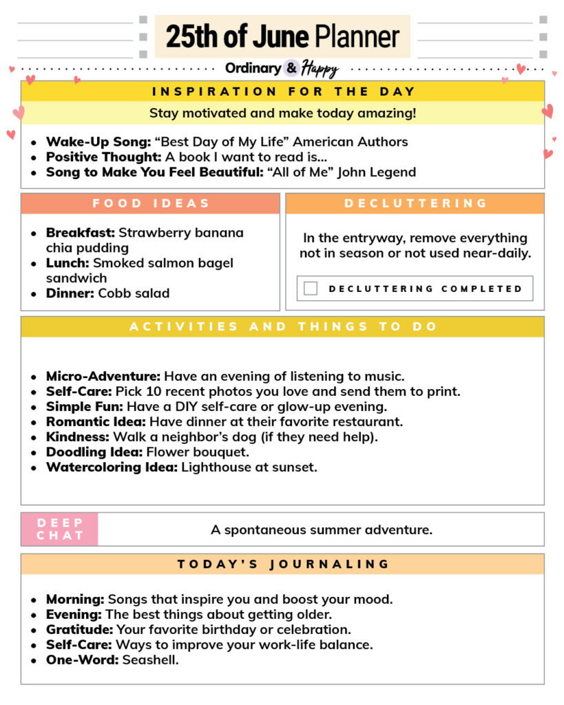 june 25th daily planner printable with color-coded boxes containing ideas for the day
