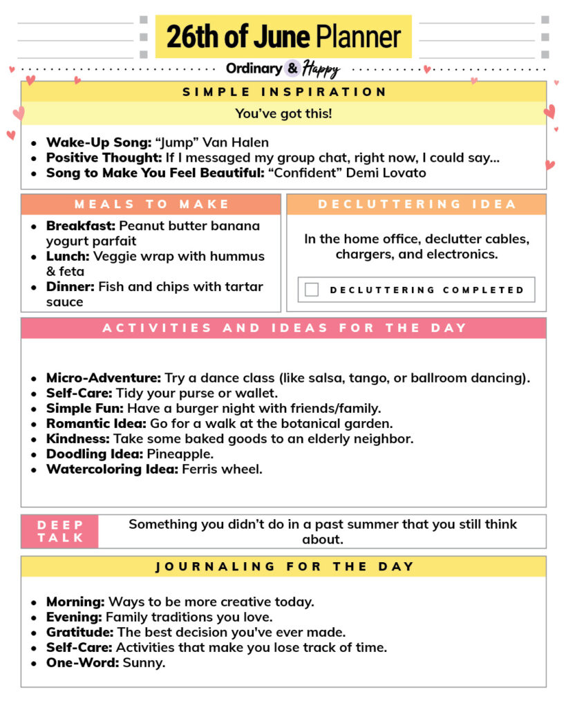 june 26th daily planner printable with ideas for inspiration, decluttering, meals, activities, deep talk, and journaling