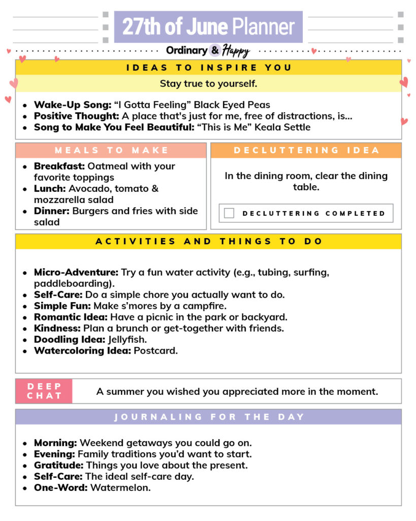 june 27th daily planner listicle printable with color-coded sections containing lists of ideas for the day