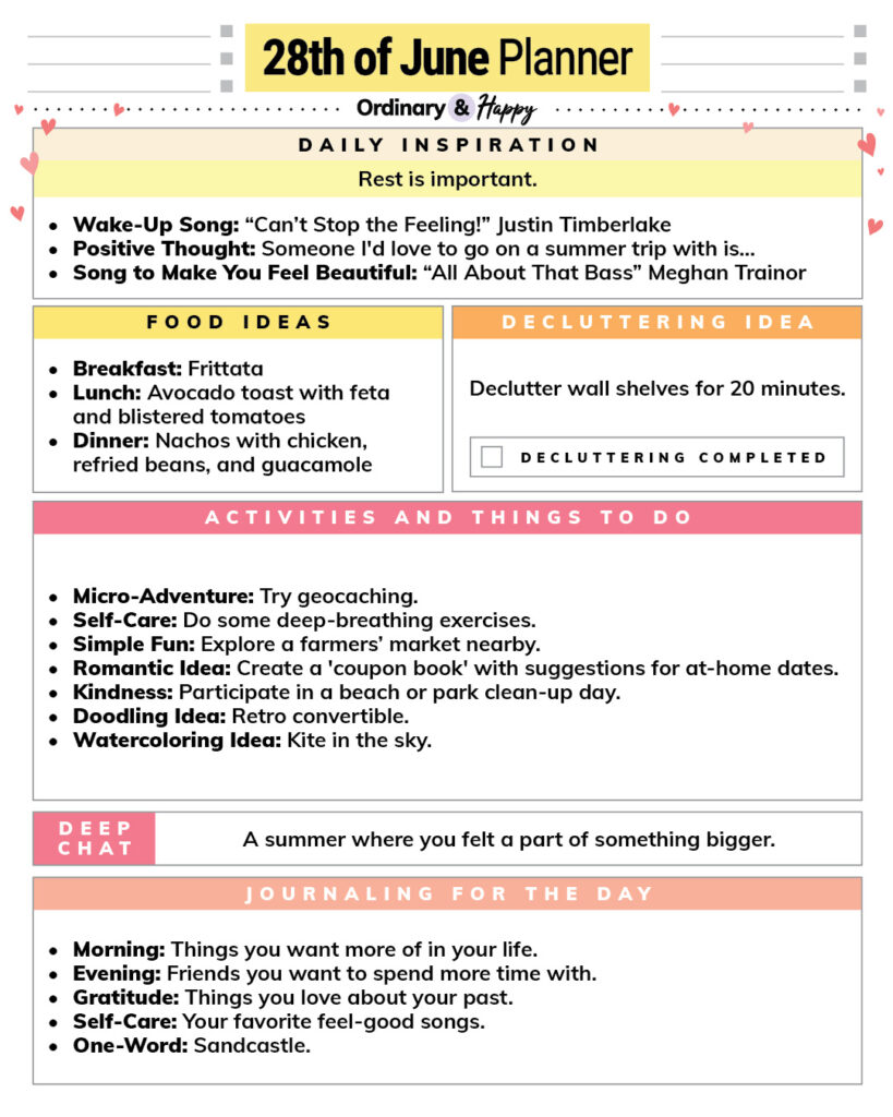 june 28th daily planner with lists of ideas in color-coded sections for different areas of daily life