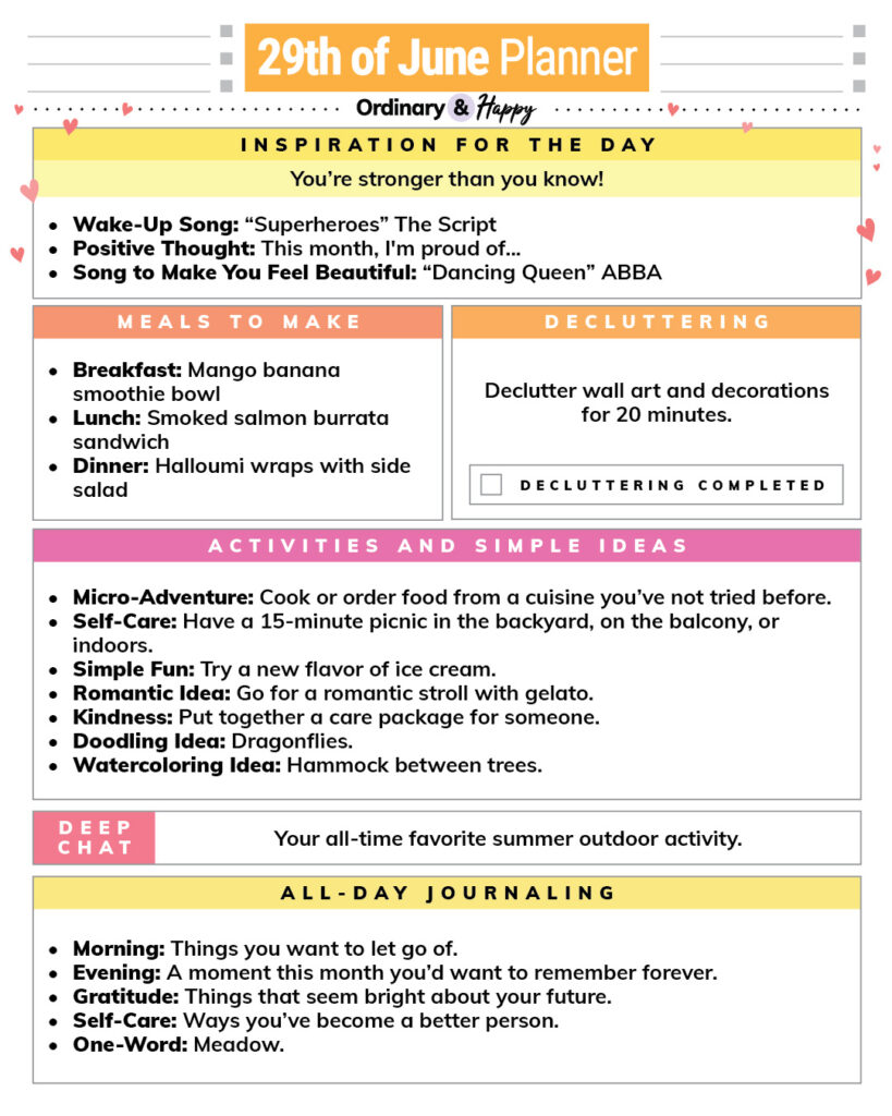 june 29th daily planner listicle printable with ideas for inspiration, meals, decluttering, activities, conversation, and journaling prompts