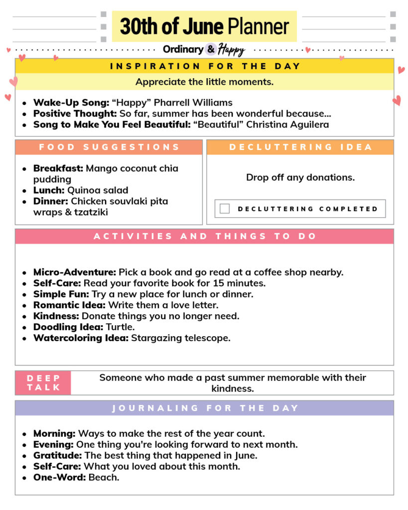 june 30th daily planner printable with ideas for inspiration, decluttering, meals, activities, deep talk, and journaling