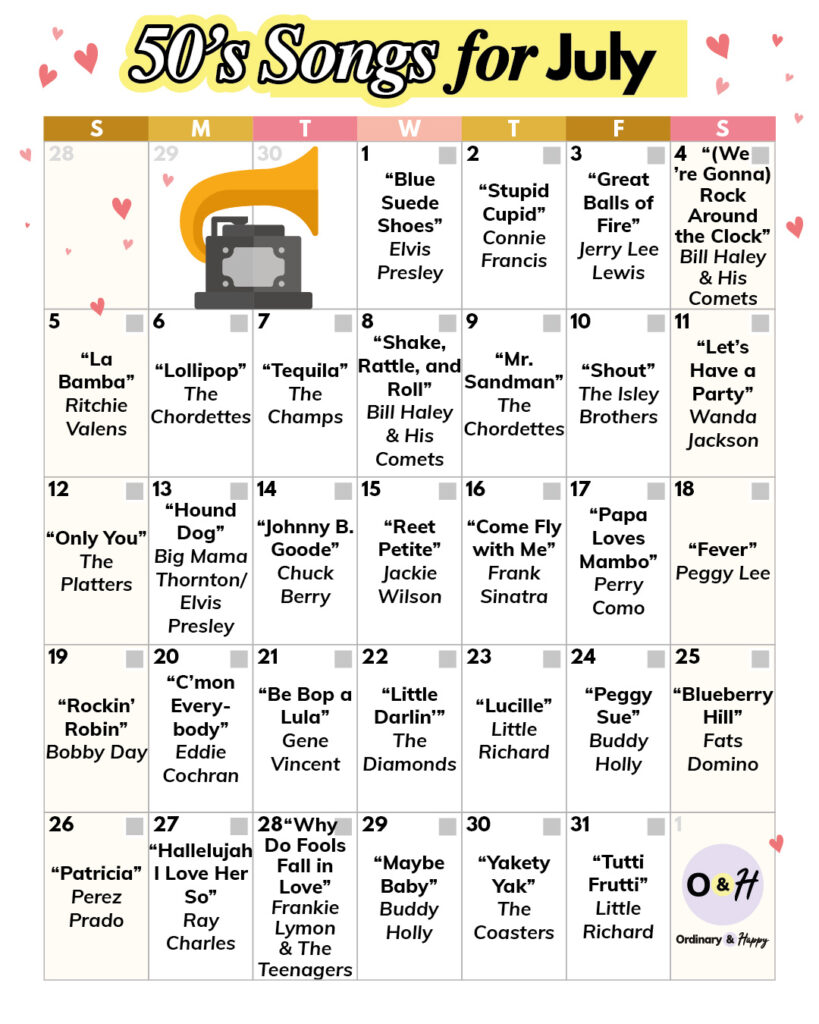 selection of 31 songs from the 1950s displayed in a july calendar