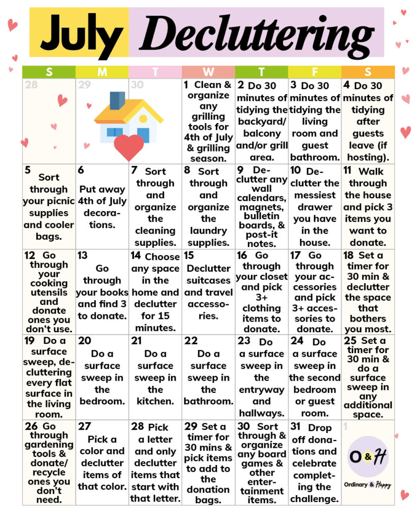 july decluttering calendar showing 31 ideas for every day of july in calendar format