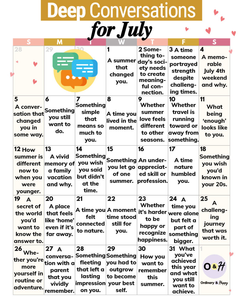July deep conversation prompts displayed in a 7x5 calendar grid for the month