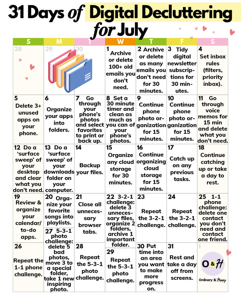 digital decluttering calendar for july with 31 ideas for every day of the month displayed in a calendar