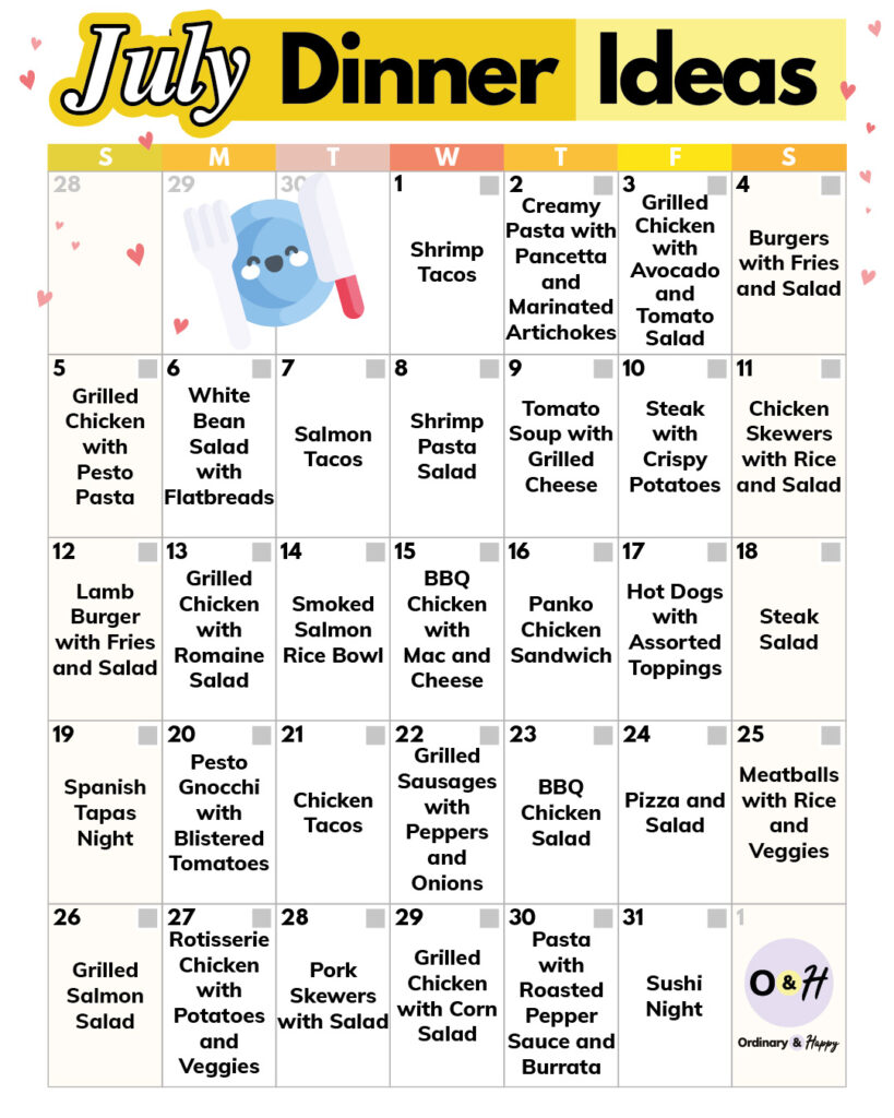 calendar of july dinner ideas with 31 dishes displayed in a 7x5 calendar grid format