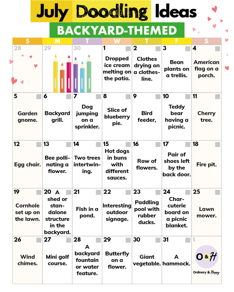 Doodling ideas for July (calendar format)