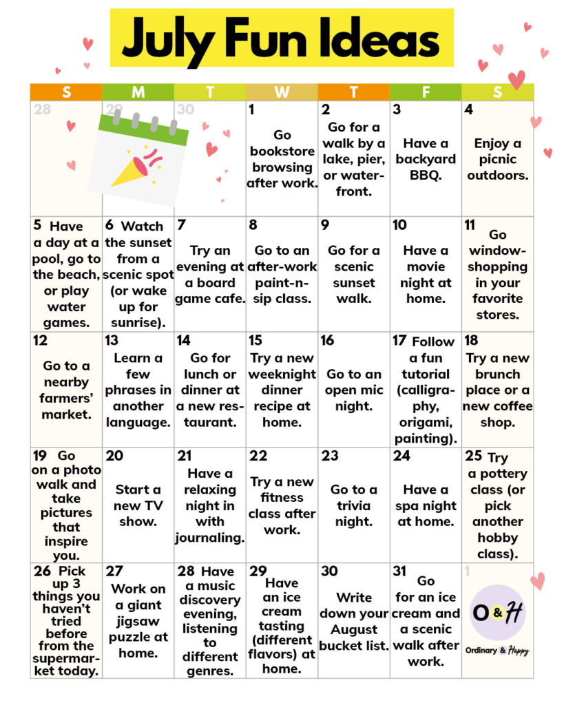 July calendar with fun activities.