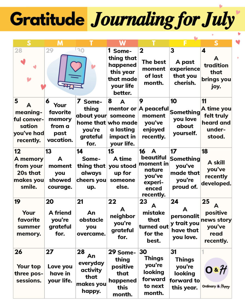 Gratitude journaling prompts July calendar.